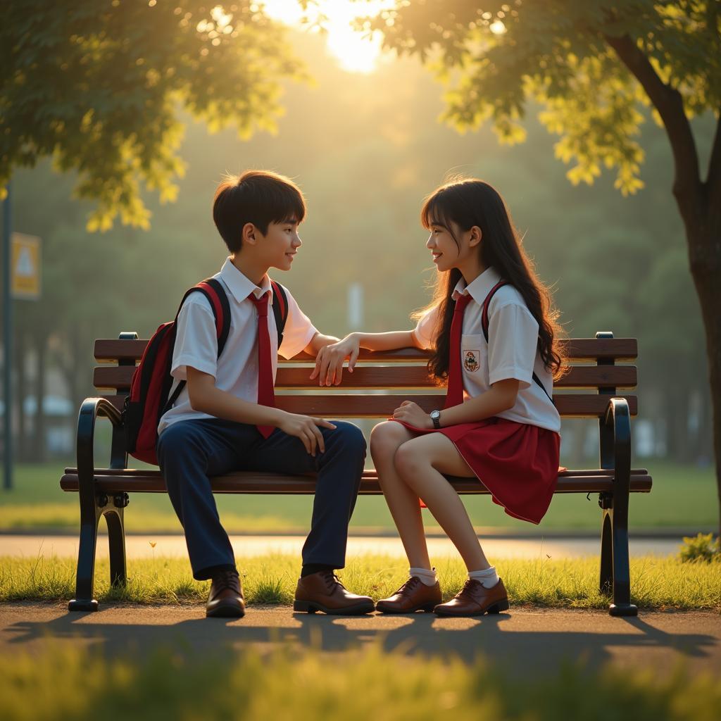 Hai bạn học sinh nam nữ đang ngồi trên ghế đá sân trường và trò chuyện thân mật, thể hiện sự lắng nghe và thấu hiểu trong tình bạn đẹp thời học sinh