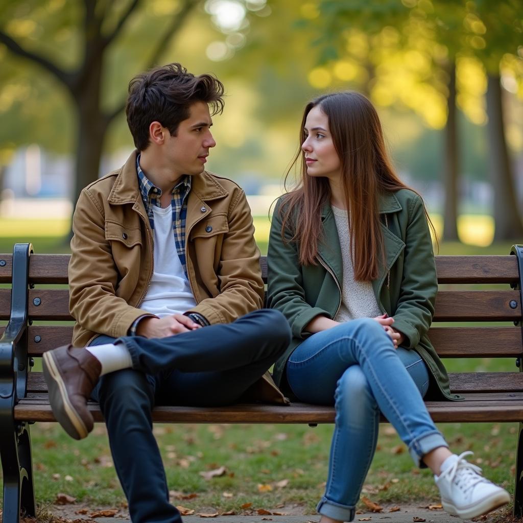 Một bạn nam và một bạn nữ đang ngồi đối diện nhau trên ghế đá, trò chuyện một cách chân thành và có phần nghiêm túc về ranh giới tình bạn.