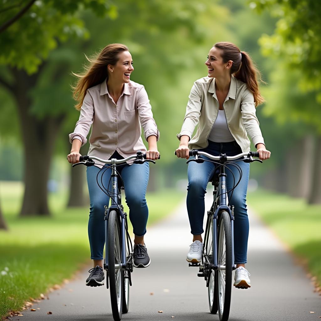 Hai người bạn nữ đang cùng nhau đạp xe và trò chuyện vui vẻ trong công viên, một hoạt động thể thao ngoại khóa tuyệt vời để gắn kết tình bạn