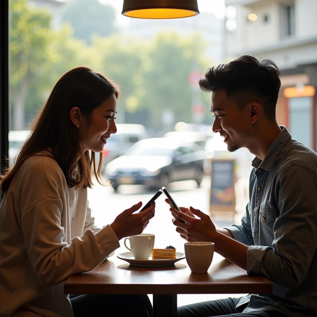 Hình ảnh hai bạn trẻ gặp mặt giao lưu lần đầu sau khi quen qua TikTok, cùng nhau uống cà phê và trò chuyện vui vẻ.
