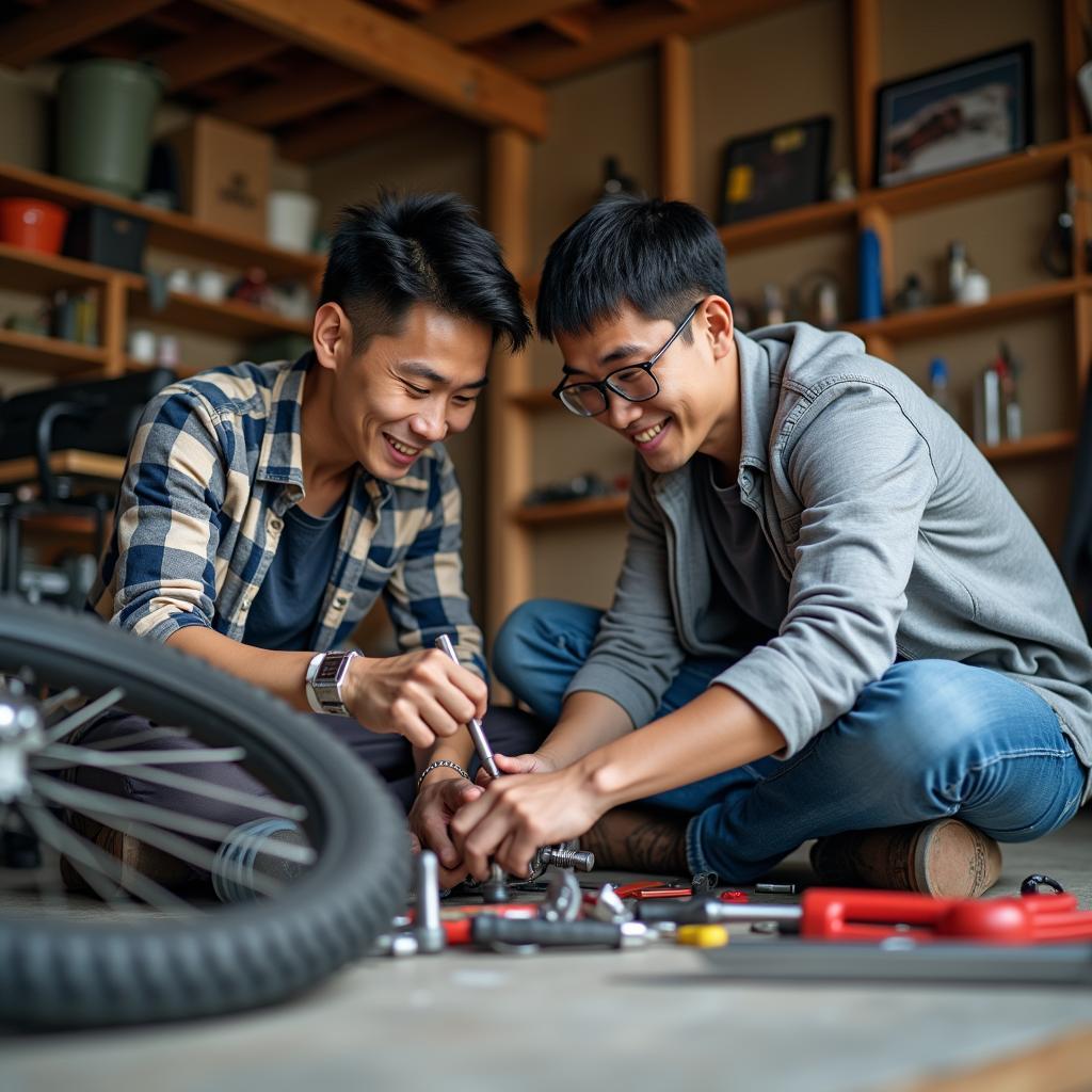 Người cha và con trai cùng nhau sửa chữa một chiếc xe đạp, tạo nên kỷ niệm chung và vun đắp tình bạn bền chặt.
