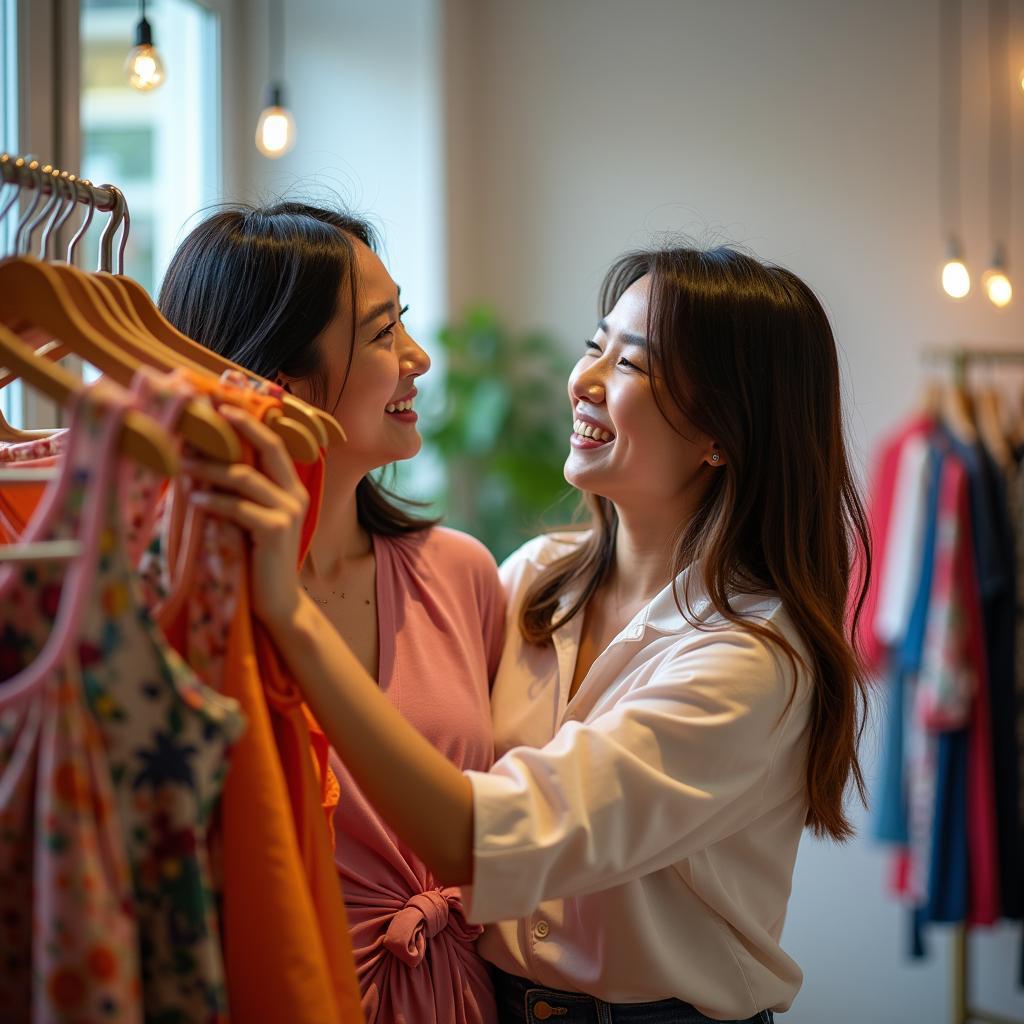 Hình ảnh hai người bạn thân đang vui vẻ đi mua sắm cùng bạn, chia sẻ những khoảnh khắc gắn kết tình bạn