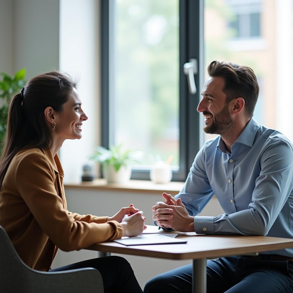 Hai đồng nghiệp nam và nữ đang ngồi nói chuyện một cách xây dựng trong một góc văn phòng hiện đại để tìm cách xử lý xung đột hiệu quả