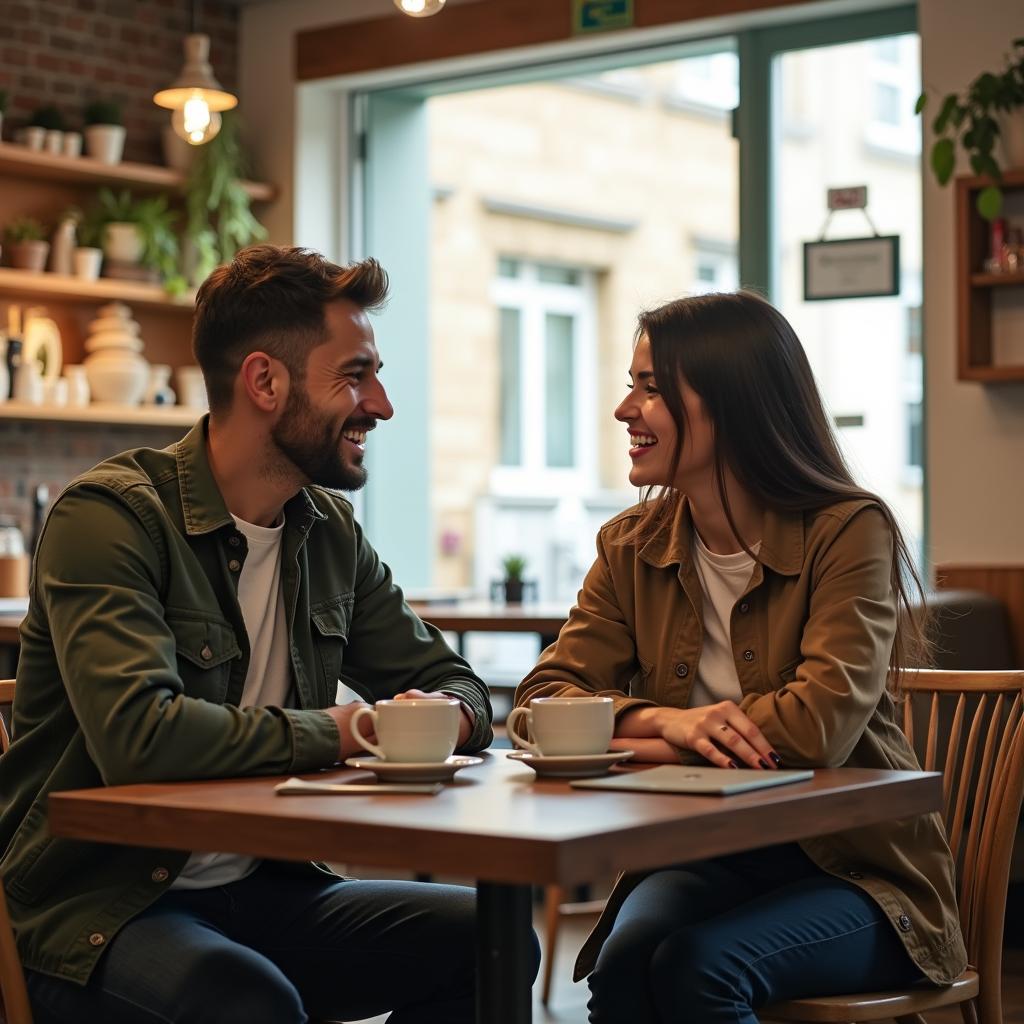 Hai đồng nghiệp, một nam một nữ, đang ngồi trò chuyện thân thiết và cười vui vẻ bên hai ly cà phê tại một quán nhỏ, duy trì tình bạn sau chuyến team tour.