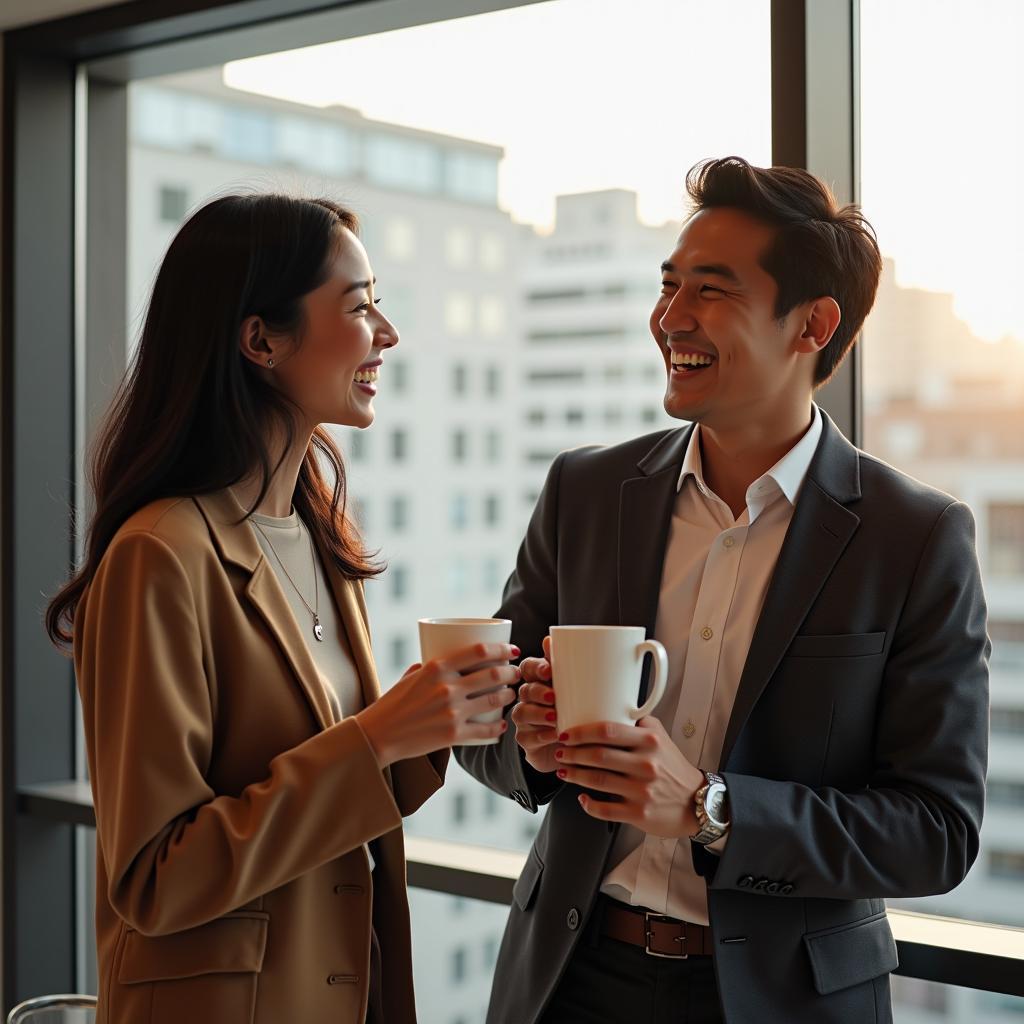 Hai đồng nghiệp thân thiết đang trò chuyện vui vẻ bên cửa sổ văn phòng, thể hiện tình bạn công sở gắn kết.
