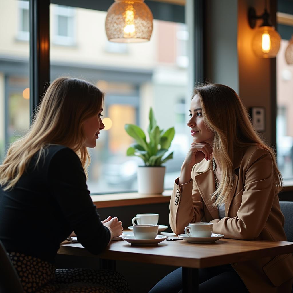 Hai người đồng nghiệp, một nam một nữ, đang ngồi ở quán cà phê và có một cuộc trò chuyện thẳng thắn, thể hiện việc đặt ra ranh giới trong tình bạn công sở.