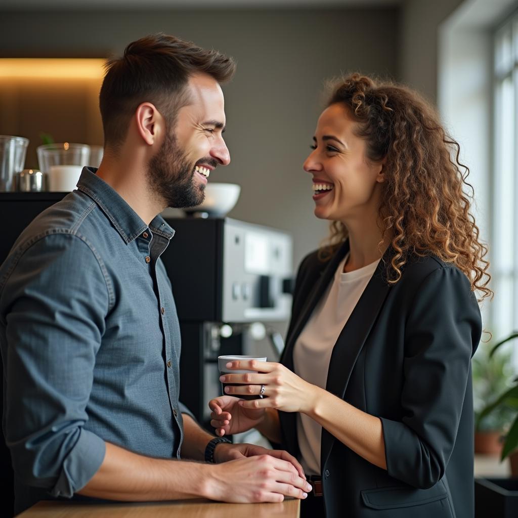 Hai người đồng nghiệp, một nam một nữ, đang trò chuyện vui vẻ bên máy pha cà phê, xây dựng mối quan hệ tốt đẹp nơi công sở