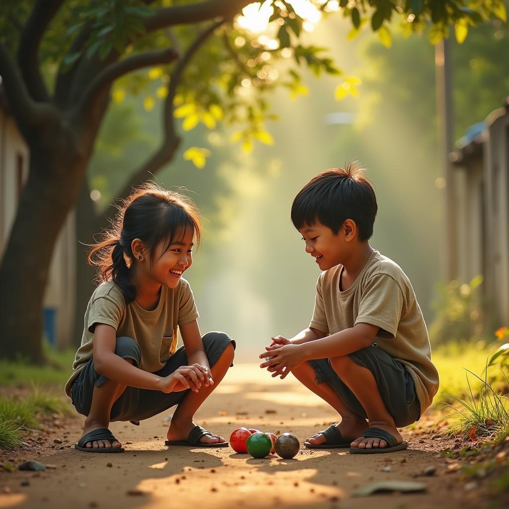 Hai đứa trẻ trai gái đang vui vẻ chơi bắn bi dưới ánh nắng vàng của buổi chiều hè, gợi lại kỷ niệm tình bạn tuổi thơ trong sáng và hồn nhiên.