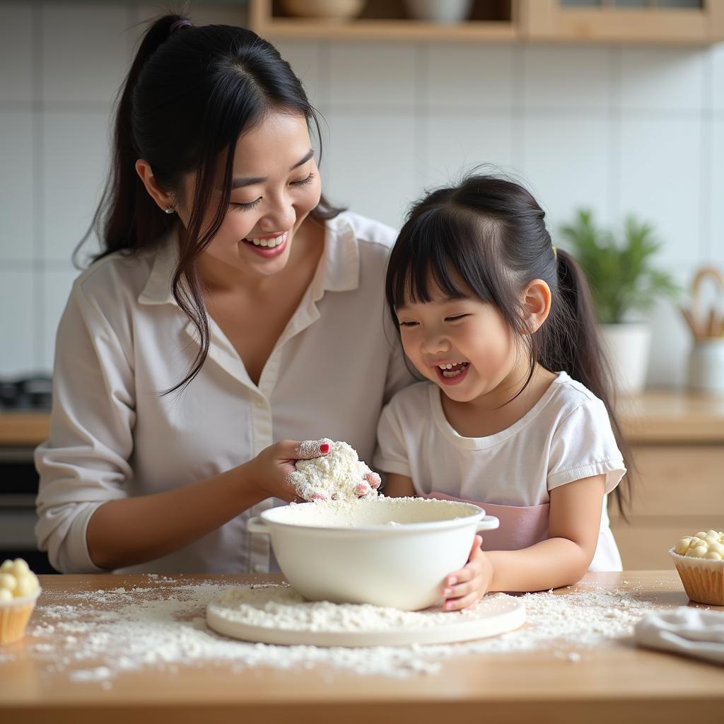 Hình ảnh hai mẹ con, một người mẹ trung niên và cô con gái tuổi teen, đang cùng nhau làm bánh trong bếp, cười nói vui vẻ