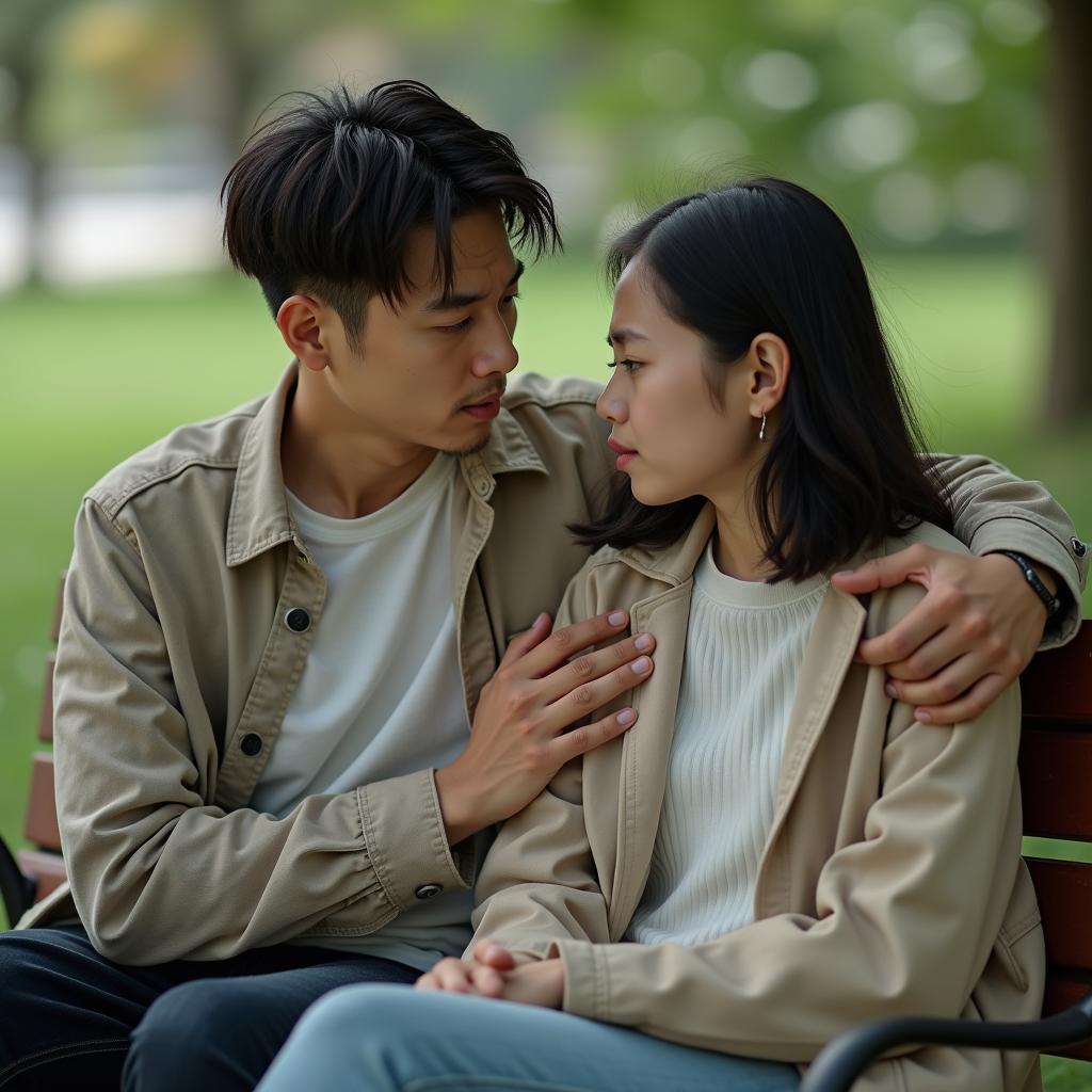Hình ảnh hai người bạn thân đang ngồi an ủi nhau, thể hiện sức mạnh của câu nói khi bạn gặp khó khăn và tình bạn chân thành.