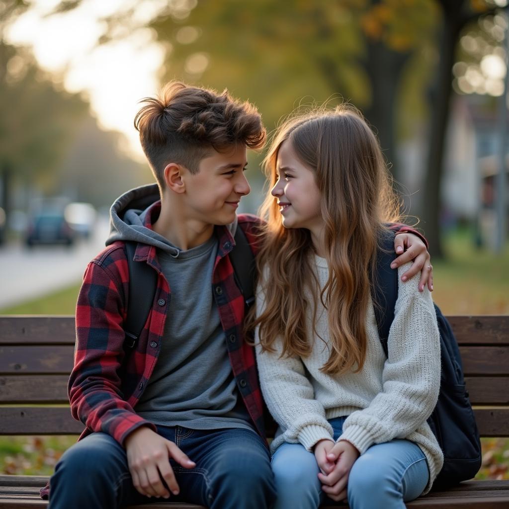 Hai người bạn thân, một nam một nữ, ngồi trên ghế đá sân trường, một người đang an ủi người kia, thể hiện sự đồng cảm và sẻ chia trong tình bạn tuổi học trò.