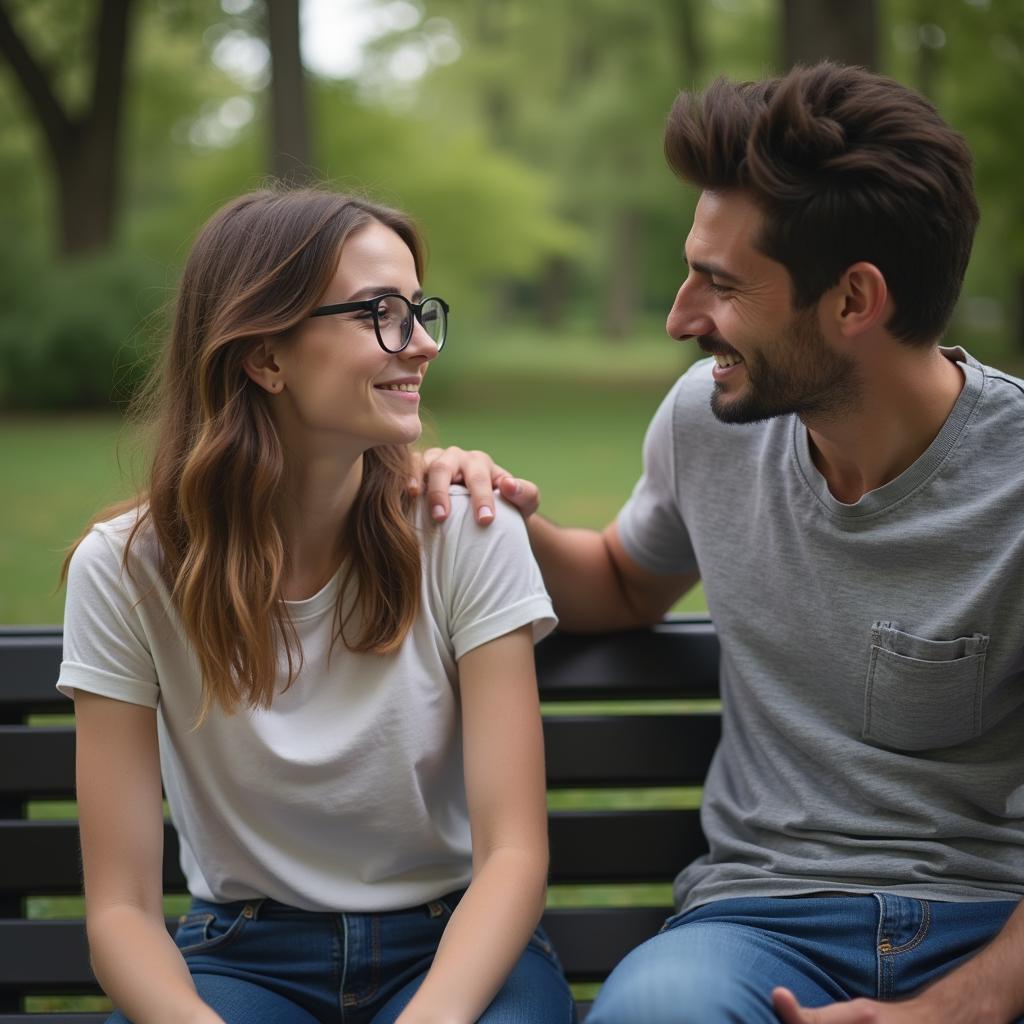 Một người bạn đang nhẹ nhàng đặt tay lên vai người bạn LGBTQ+ của mình đang có vẻ buồn, cả hai ngồi trên ghế đá, thể hiện sự thấu cảm và ủng hộ trong tình bạn.