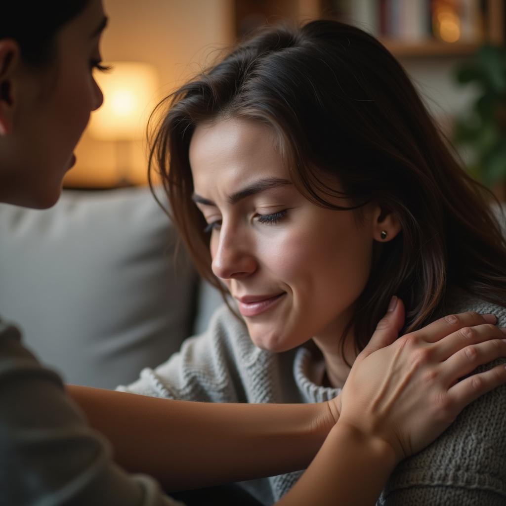Một người bạn đang an ủi người bạn thân LGBTQ+ của mình đang buồn bã, họ ngồi trên ghế sofa trong một không gian ấm cúng và an toàn.