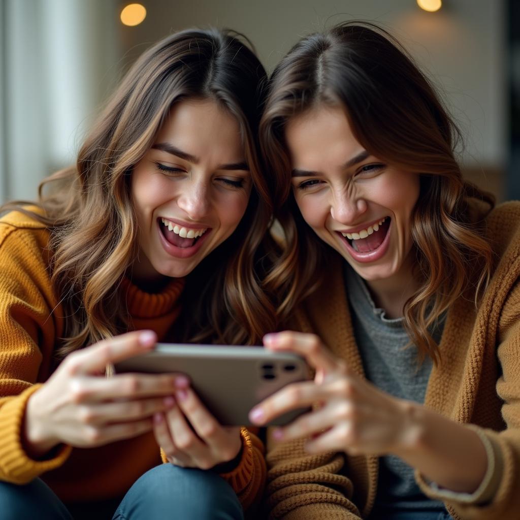 Hai người bạn thân đang cùng nhau trải nghiệm game đối kháng trên điện thoại, không khí vừa cạnh tranh vừa vui vẻ