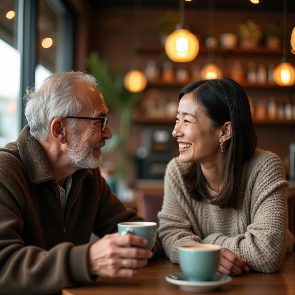 Hình ảnh hai người bạn cũ gặp lại nhau sau nhiều năm, tay bắt mặt mừng và cùng ôn lại kỷ niệm xưa
