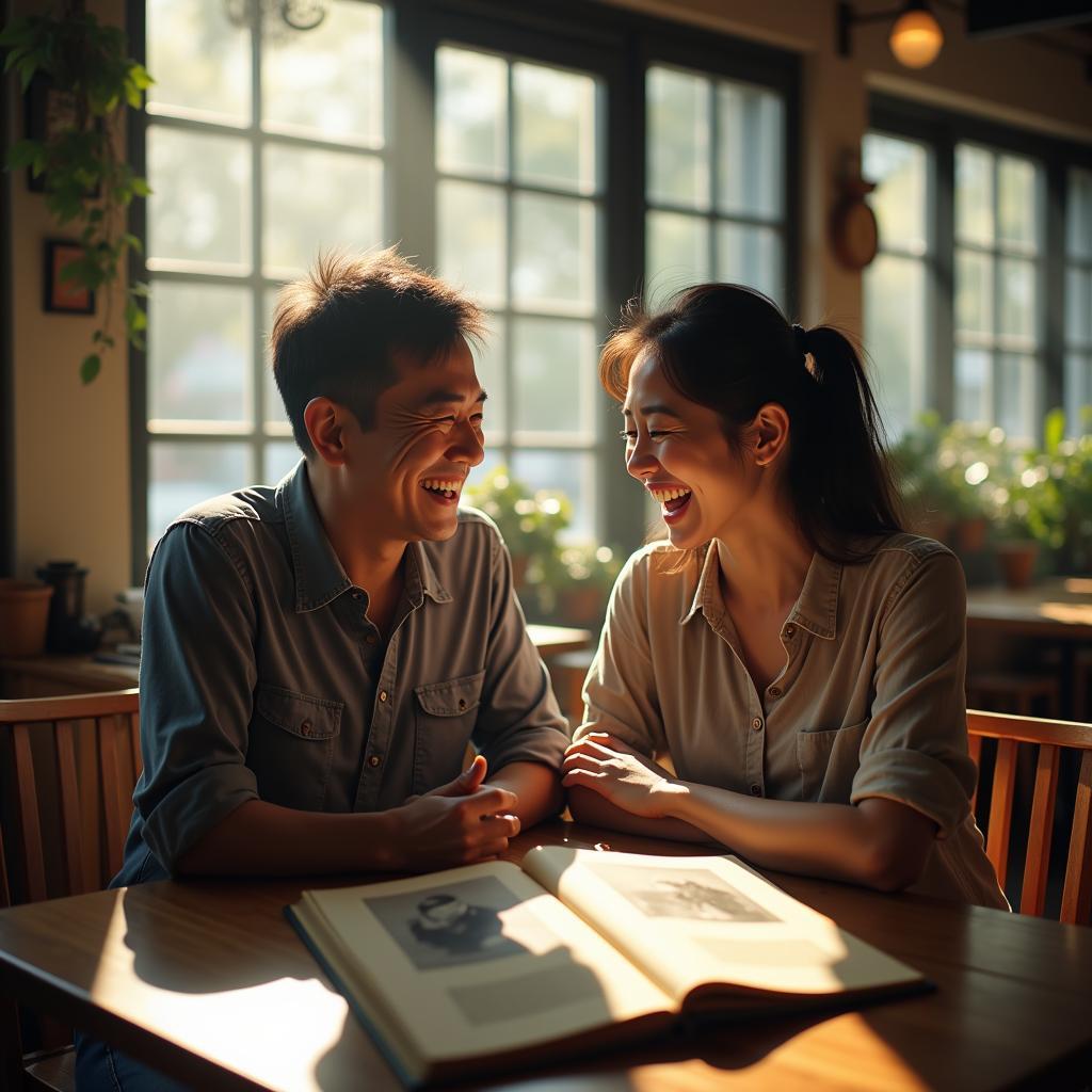 Khoảnh khắc xúc động khi hai người bạn cũ gặp lại nhau và cùng ôn lại những kỷ niệm xưa qua từng tấm ảnh cũ.