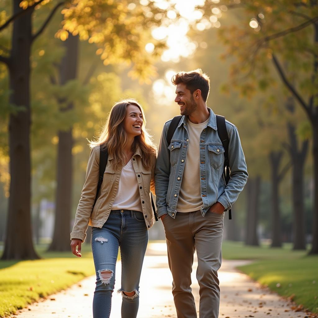 Hai người bạn thân, một nam một nữ, đang đi dạo và trò chuyện vui vẻ trong một công viên, biểu tượng cho tình bạn đã được hàn gắn thành công.