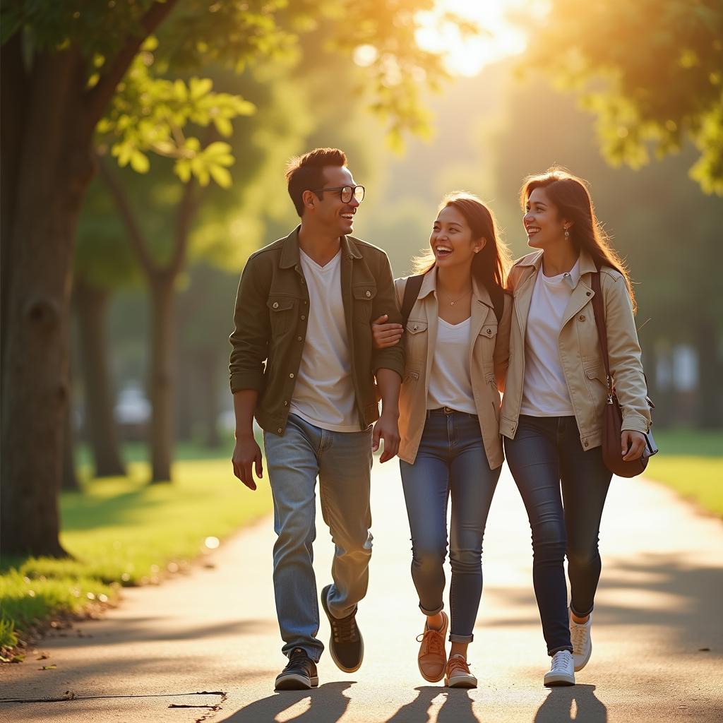 Hai người bạn thân, một nam một nữ, đang đi dạo trong công viên và cười nói vui vẻ, thể hiện sự hàn gắn và củng cố tình bạn sau khủng hoảng.