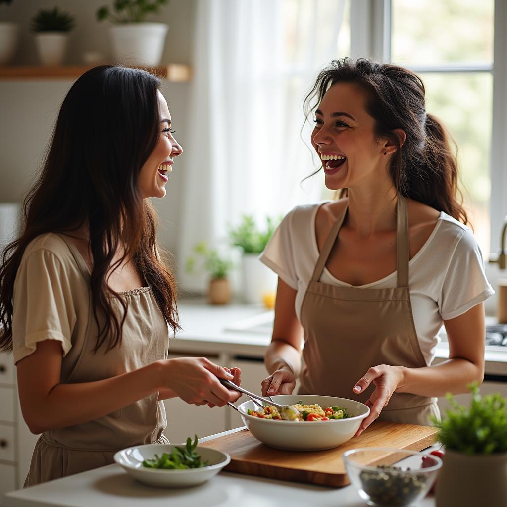 Hai người bạn, một châu Á và một châu Âu, đang cùng nhau nấu ăn trong bếp, chia sẻ văn hóa ẩm thực và tạo nên kỷ niệm đẹp.