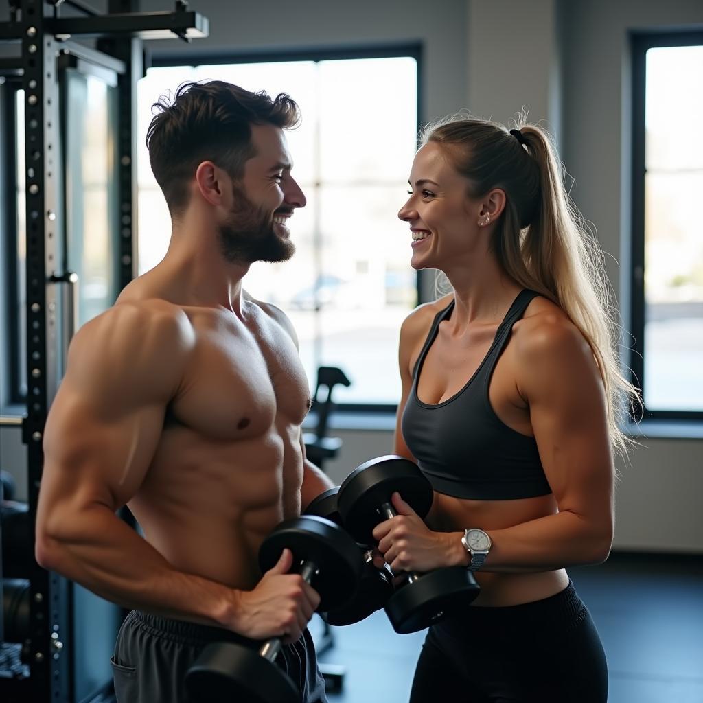Hai người bạn đang vui vẻ kết bạn gym cùng nhau, cùng hỗ trợ nhau trong một bài tập tạ tay