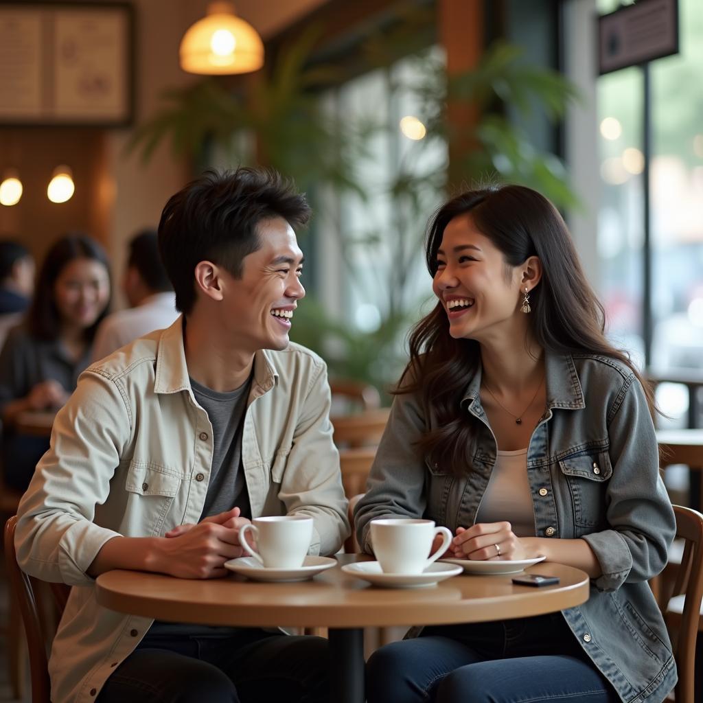 Hình ảnh hai người bạn ngồi uống cà phê và trò chuyện vui vẻ, thể hiện tình bạn lành mạnh sau khi chia tay.
