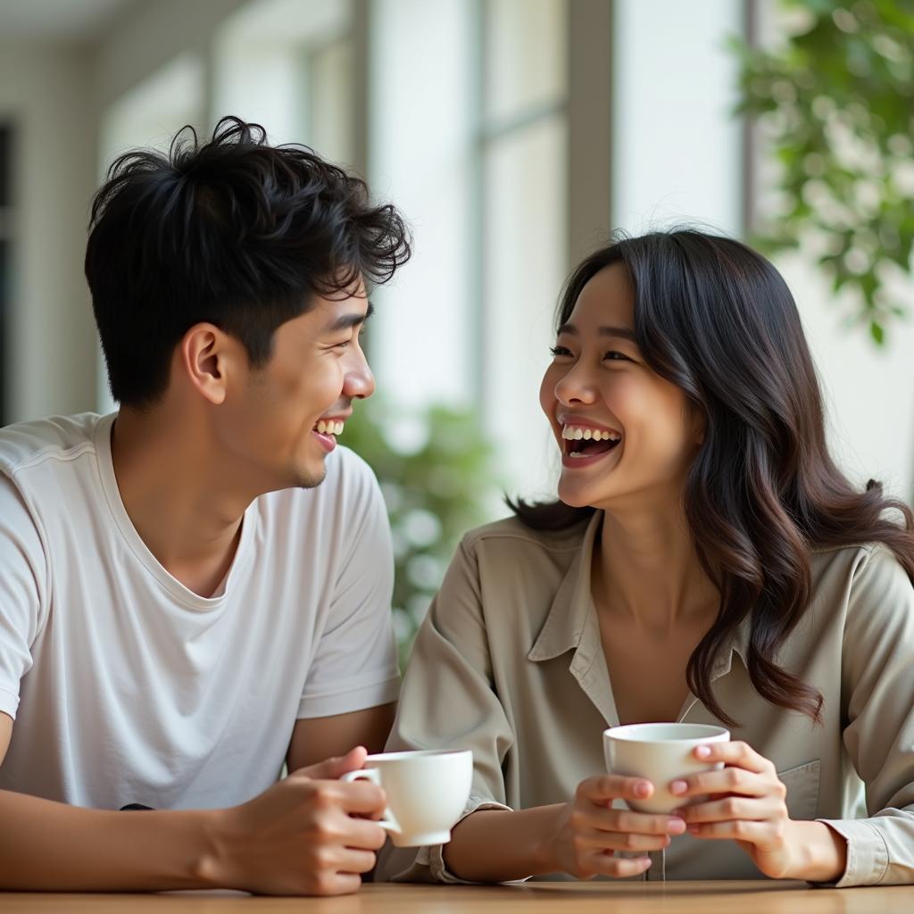 Hai người bạn từng là người yêu cũ đang ngồi đối diện nhau trong một quán cà phê, cười nói vui vẻ và tự nhiên, thể hiện một tình bạn thành công sau chia tay