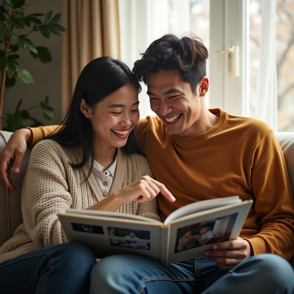 Hai người bạn một châu Á một châu Âu đang ngồi cùng nhau trên ghế sofa, vui vẻ lật xem một cuốn album ảnh cũ và chia sẻ những kỷ niệm đẹp về tình bạn.