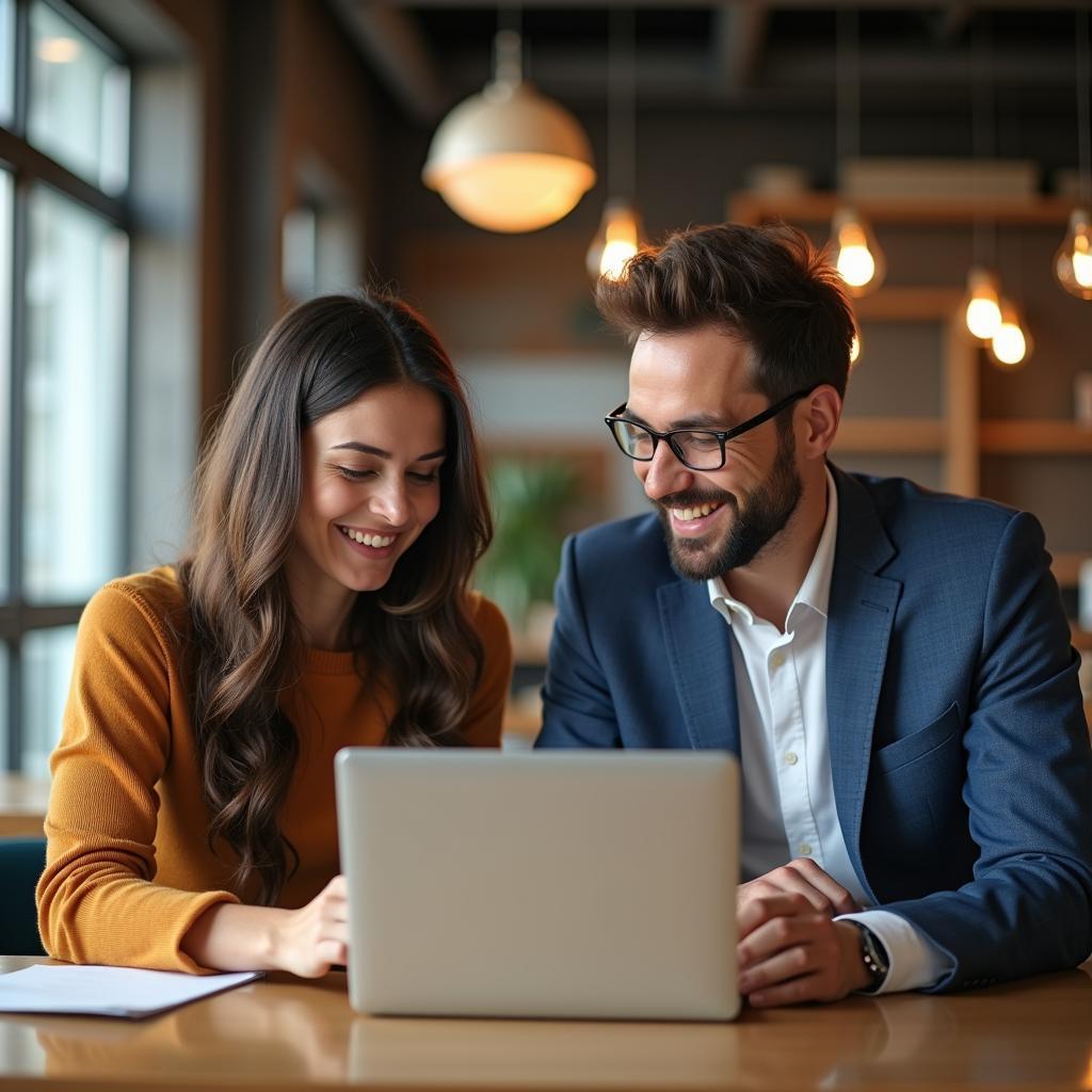Hai người bạn đồng nghiệp đang có một buổi friend mentorship trên LinkedIn, cùng nhau thảo luận công việc một cách vui vẻ tại quán cà phê hiện đại.