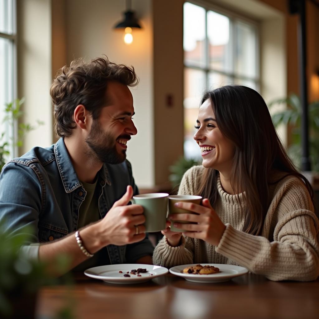 Hai người bạn, một nam một nữ, vui vẻ cụng ly cà phê tại một quán xinh xắn, đánh dấu cuộc gặp gỡ đầu tiên sau khi kết bạn online.