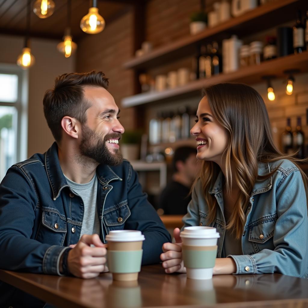 Hai người bạn quen qua mạng lần đầu gặp nhau tại một quán cà phê ấm cúng, đang trò chuyện vui vẻ và tự nhiên.