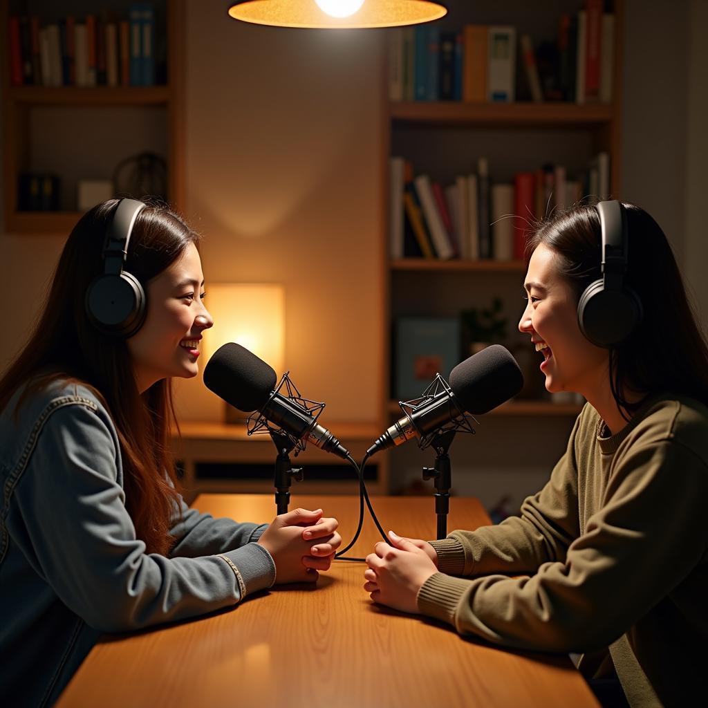 Hình ảnh hai người bạn thân đang cùng nhau trò chuyện và ghi âm cho một tập podcast phỏng vấn đôi bạn đầy cảm hứng.