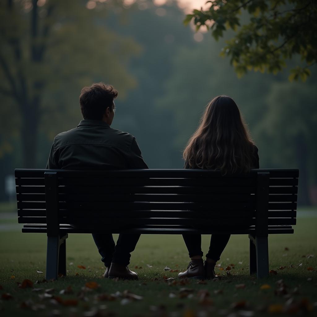 Hình ảnh hai người bạn ngồi xa nhau, biểu thị cho sự im lặng và khoảng cách khi kết thúc tình bạn.