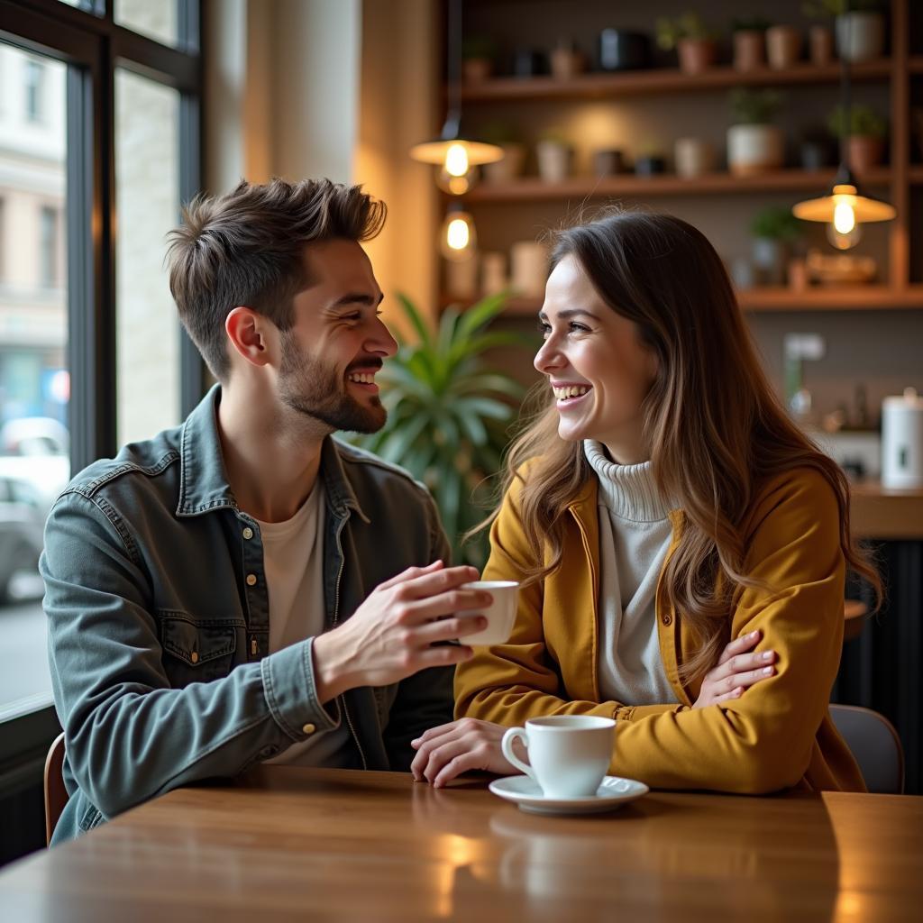 Hai người bạn một nam một nữ đang ngồi trò chuyện vui vẻ và tế nhị trong một quán cà phê ấm cúng, thể hiện sự tôn trọng và giao tiếp hiệu quả trong tình bạn khác giới.