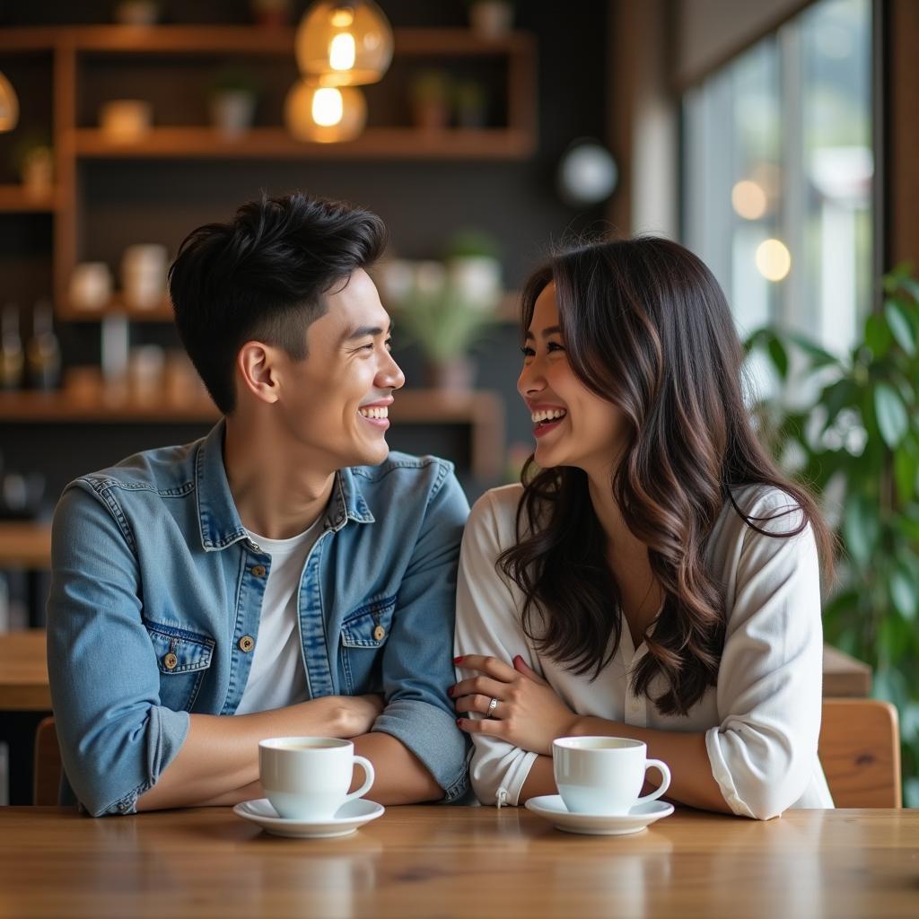 Hình ảnh hai người bạn khác giới ngồi trò chuyện vui vẻ trong quán cà phê, thể hiện một tình bạn lành mạnh và trong sáng.