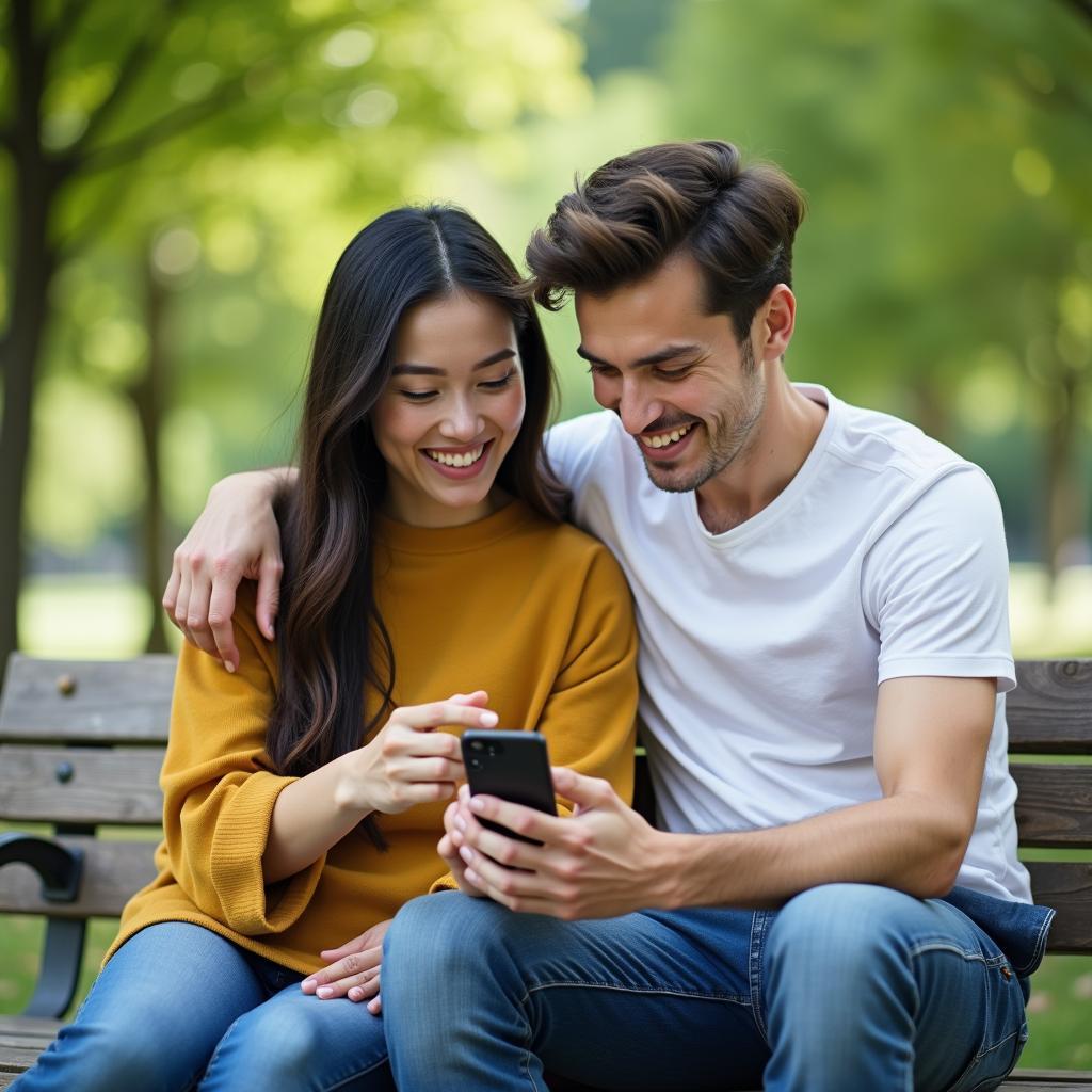 Hai người bạn, một người châu Á và một người châu Âu, đang ngồi trên ghế đá công viên và cùng nhau xem gì đó trên điện thoại, tượng trưng cho việc chia sẻ và kết nối vượt qua khác biệt văn hóa.