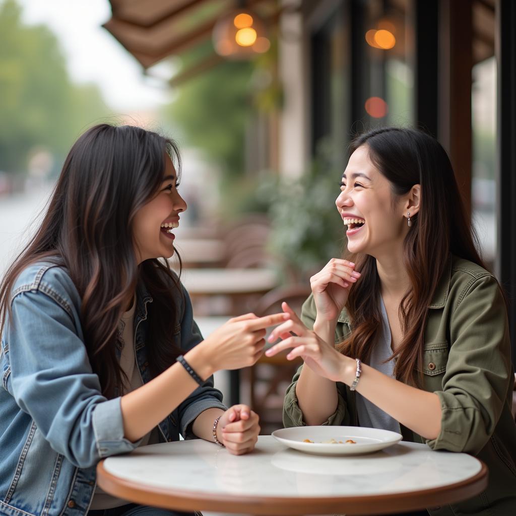 Hình ảnh hai người bạn thuộc hai nền văn hóa khác nhau đang giao tiếp vui vẻ bằng ngôn ngữ cơ thể, minh họa cho cách vượt qua rào cản ngôn ngữ.