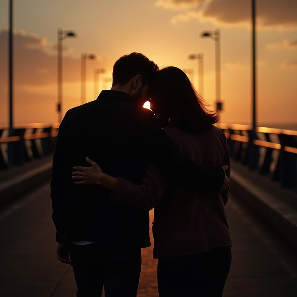 Hình ảnh hai người bạn đang ôm nhau hòa giải trên một cây cầu vào lúc hoàng hôn, biểu thị cho sự hàn gắn và xây dựng lại niềm tin trong tình bạn.