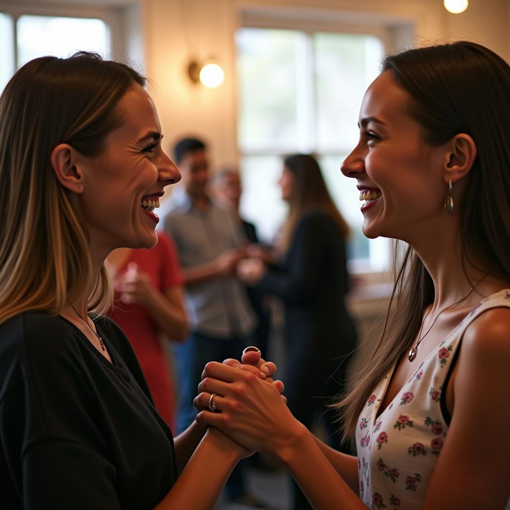 Hai người đang bắt tay và mỉm cười với nhau tại một sự kiện cộng đồng Meetup dành cho LGBTQ+, background mờ ảo cho thấy nhiều người khác đang giao lưu, tượng trưng cho sự khởi đầu của một tình bạn mới.