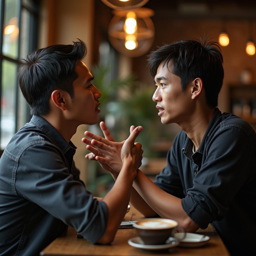 Hai người bạn nam đang ngồi trò chuyện sâu sắc bên ly cà phê, thể hiện cách mở lòng với anh em để xây dựng tình bạn bền chặt.