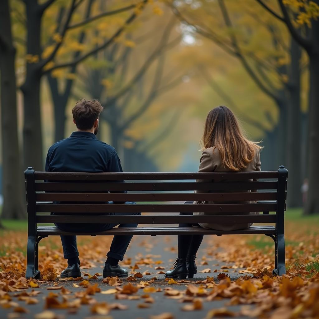 Hai người bạn ngồi cách xa nhau trên băng ghế công viên sau một cuộc cãi vã, cả hai đều đang suy ngẫm về tình bạn của mình