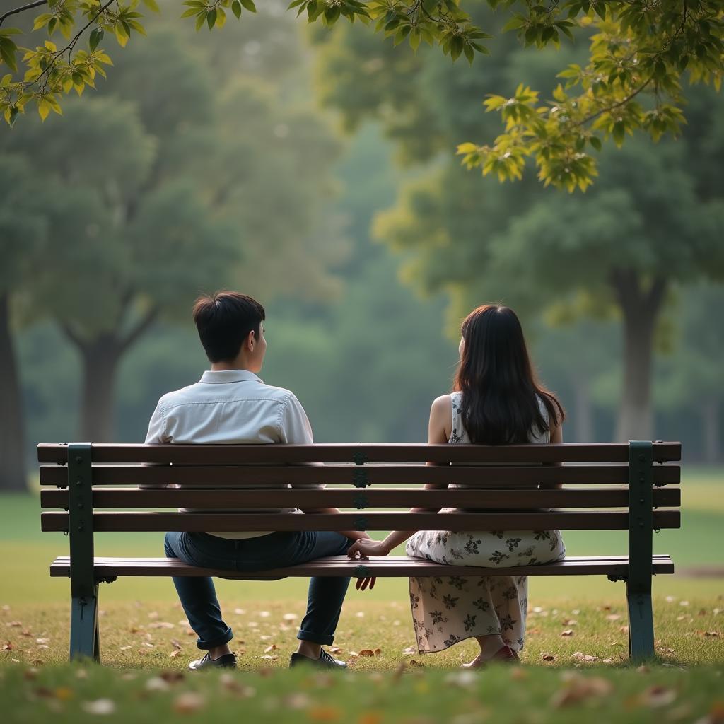 Hai người bạn một nam một nữ ngồi cách xa nhau trên ghế đá công viên, biểu hiện sự cần thiết của không gian riêng sau khi chia tay để có thể trở thành bạn