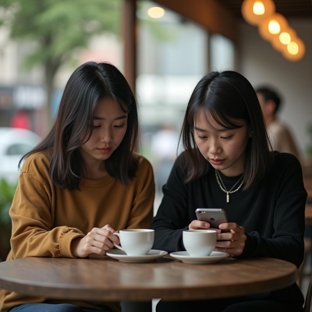 Hình ảnh hai người bạn ngồi đối diện nhau, một người trông có vẻ buồn bã và mệt mỏi trong khi người kia tỏ ra thờ ơ