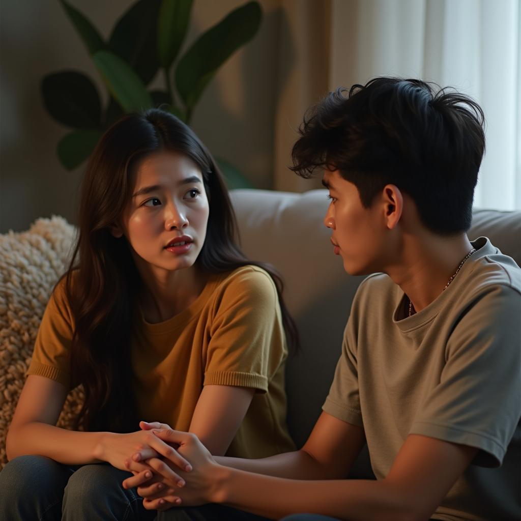 Hai người bạn thân ngồi đối diện nhau trên ghế sofa, một người đang lắng nghe chân thành khi người kia chia sẻ cảm xúc về việc không giữ lời hứa, không gian ấm cúng.