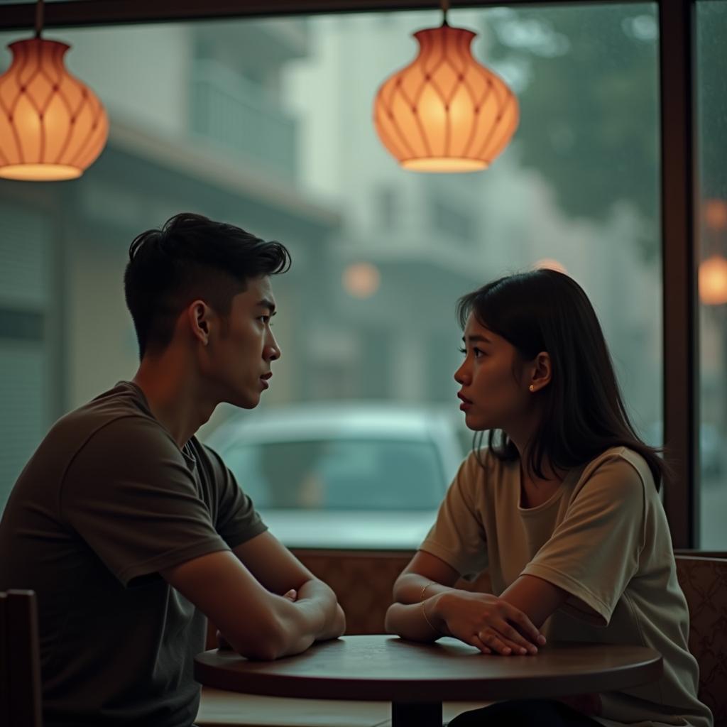 Hai người bạn ngồi đối diện nhau trong một quán cà phê yên tĩnh, không nói chuyện, gương mặt trầm ngâm phản ánh sự khủng hoảng trong tình bạn cần được xử lý.
