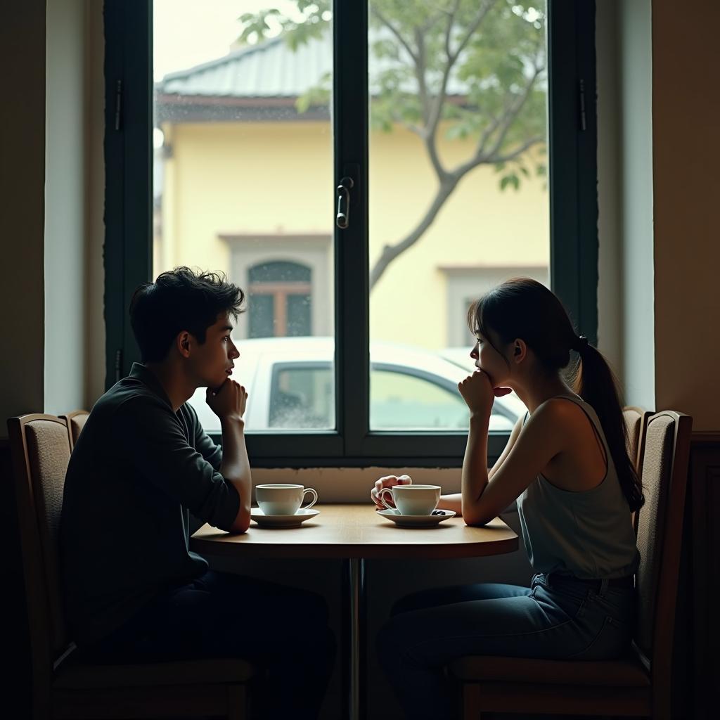 Hai người bạn ngồi đối diện nhau tại một quán cà phê yên tĩnh, cả hai đều trầm ngâm suy nghĩ, thể hiện giai đoạn cần không gian riêng để bình tĩnh sau mâu thuẫn.