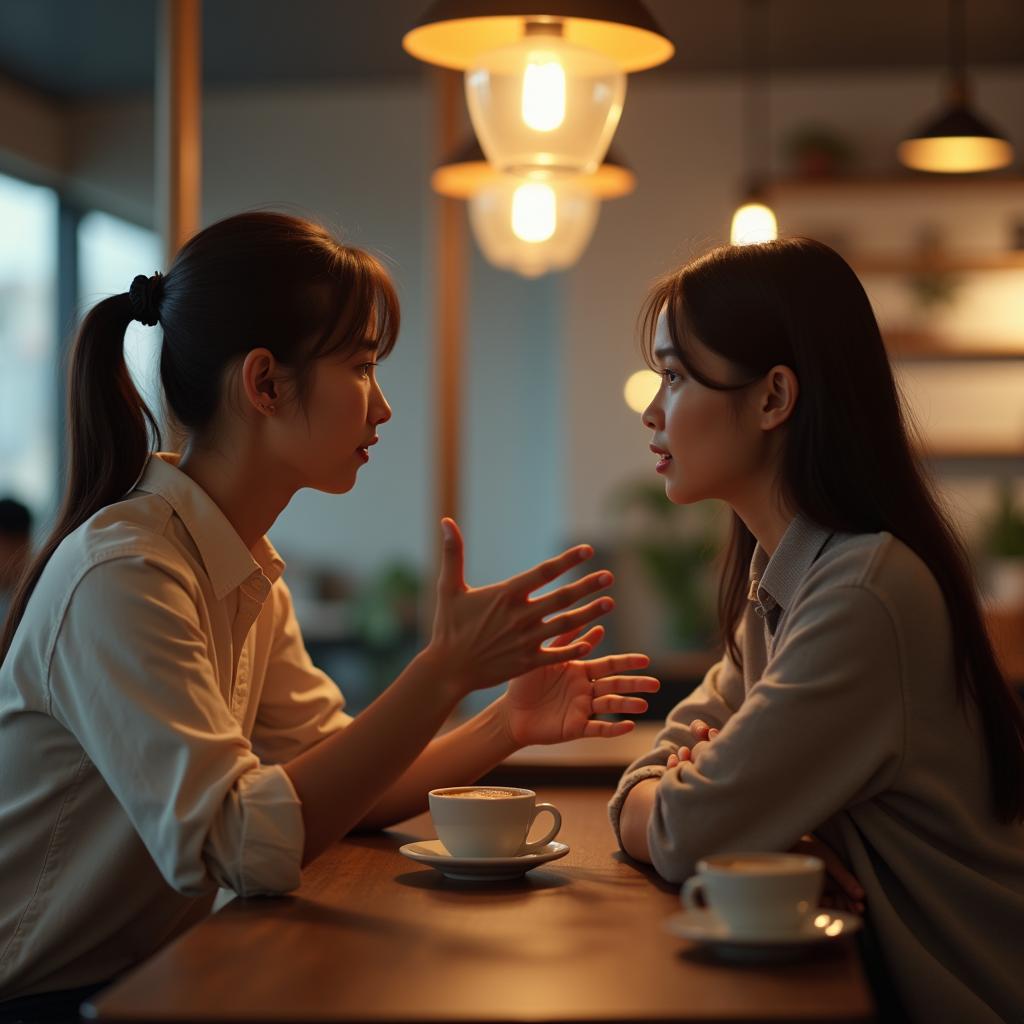 Hai người bạn thân đang ngồi nói chuyện chân thành để giúp nhau hiểu lỗi trong không gian quán cà phê yên tĩnh.