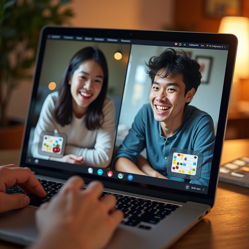 Hai người bạn từ hai quốc gia khác nhau đang cùng chơi game online và trò chuyện qua Zoom, minh họa cho hoạt động gắn kết tình bạn quốc tế