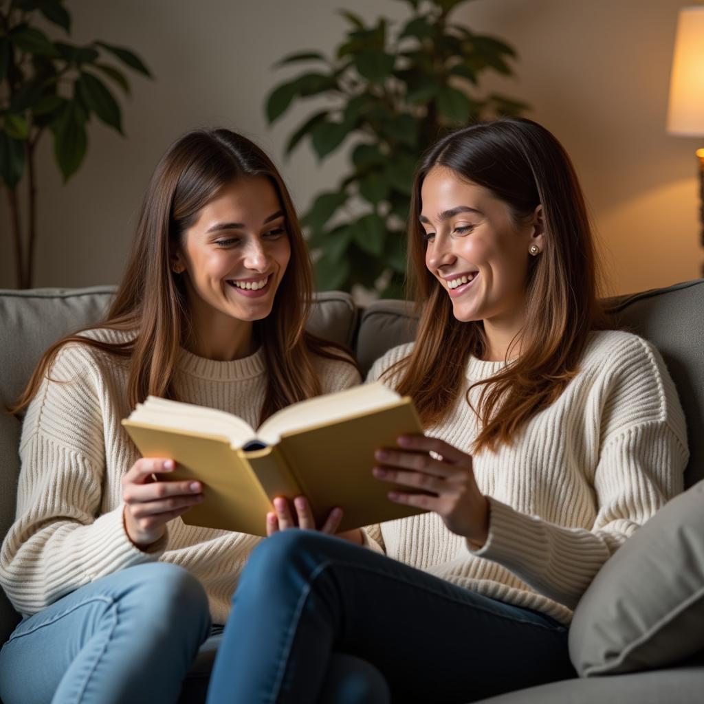 Khoảnh khắc hai người bạn thân cùng nhau đọc sách mindfulness và chia sẻ, biểu tượng cho sự kết nối sâu sắc và tình bạn chân thành.