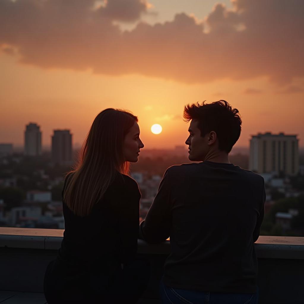 Hai người bạn thân cùng giới ngồi trên sân thượng lúc hoàng hôn, một người đang nhìn xa xăm với ánh mắt đầy suy tư về mối quan hệ của họ