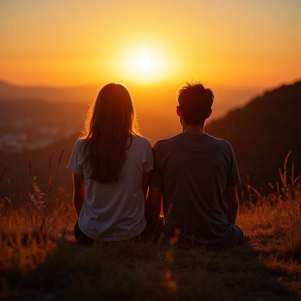 Hai người bạn thân, một nam một nữ, đang ngồi trên đồi cỏ cùng nhau ngắm hoàng hôn, thể hiện một quote về tình bạn số một đầy ý nghĩa.